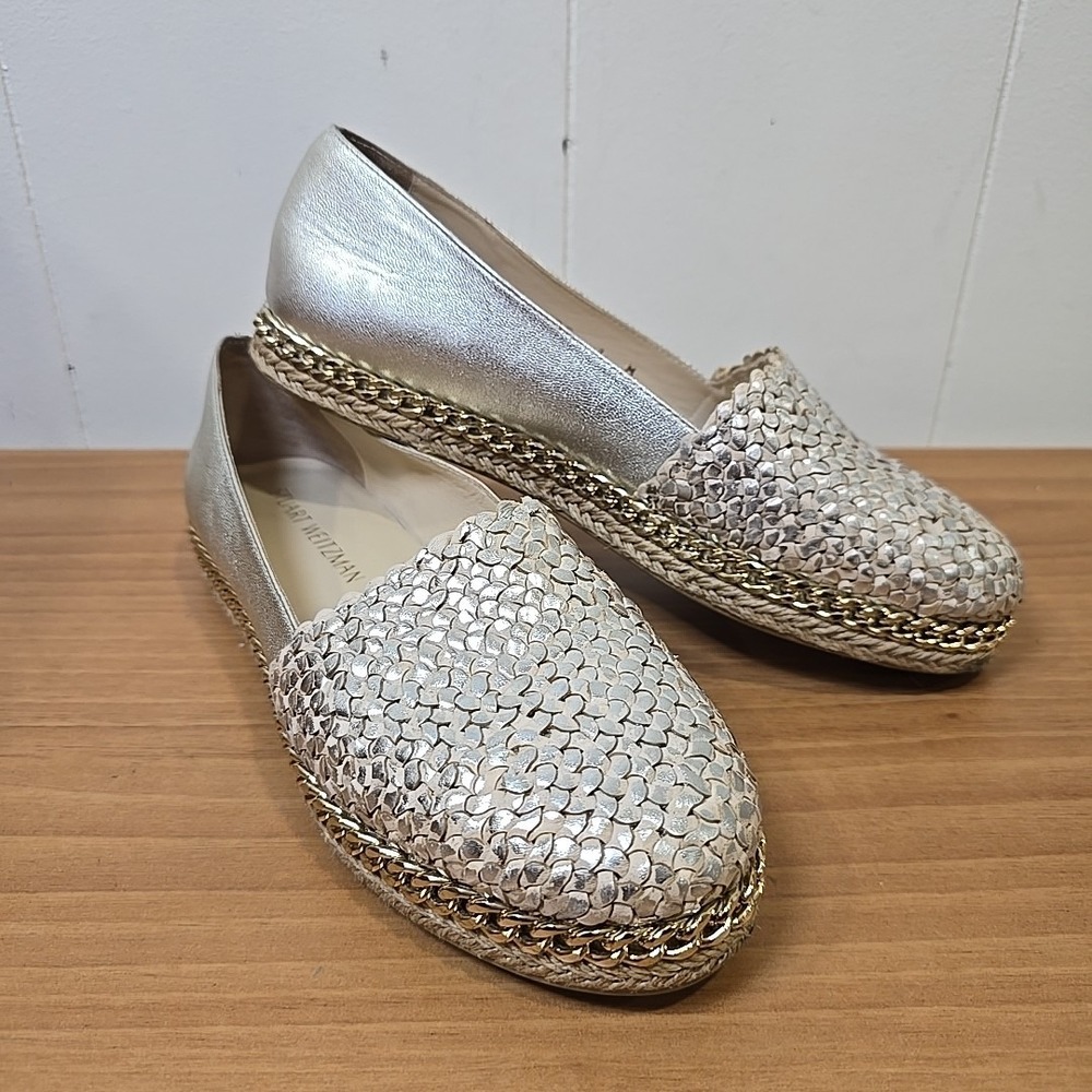 Stuart Weitzman‎ Dayton Woven Metallic Leather Espadrille Slip On Flats Size 7
